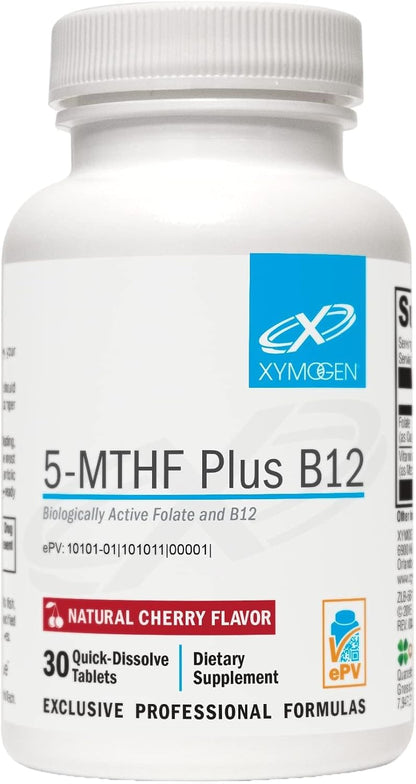 XYMOGEN 5-MTHF Plus B12 - Biologically Active Folate & Methyl B12 Supplement - for Methylation & Nervous System Support - Gluten-Free - Cherry Flavour - 30 Quick-Dissolve Tablets