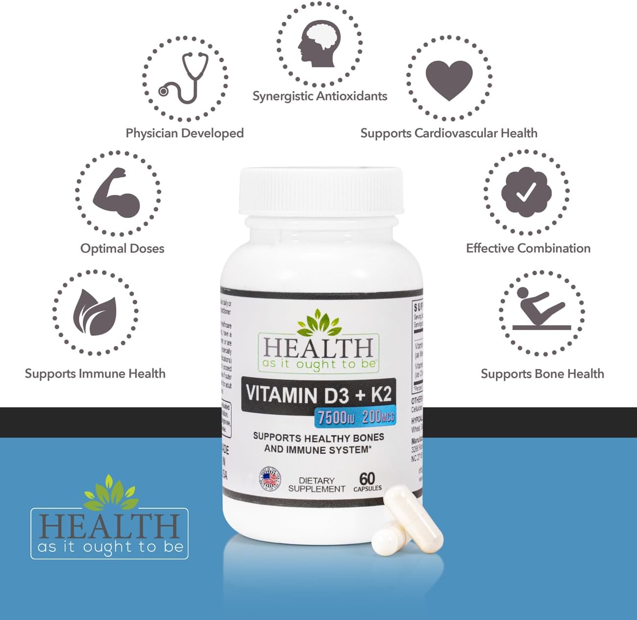 Health As It Ought To Be D3+K2 Food Supplement: Vitamin D3 7500 IU + K2 200 mcg, 60 Capsules - görsel 3