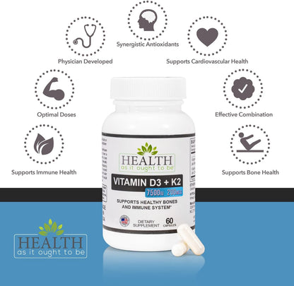 Health As It Ought To Be D3+K2 Food Supplement: Vitamin D3 7500 IU + K2 200 mcg, 60 Capsules