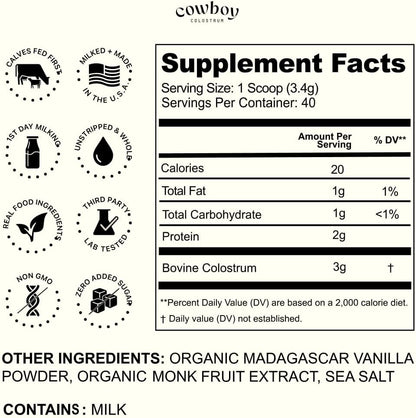 Cowboy First Milking Grass-Fed Colostrum Powder - Vanilla, 40 Servings