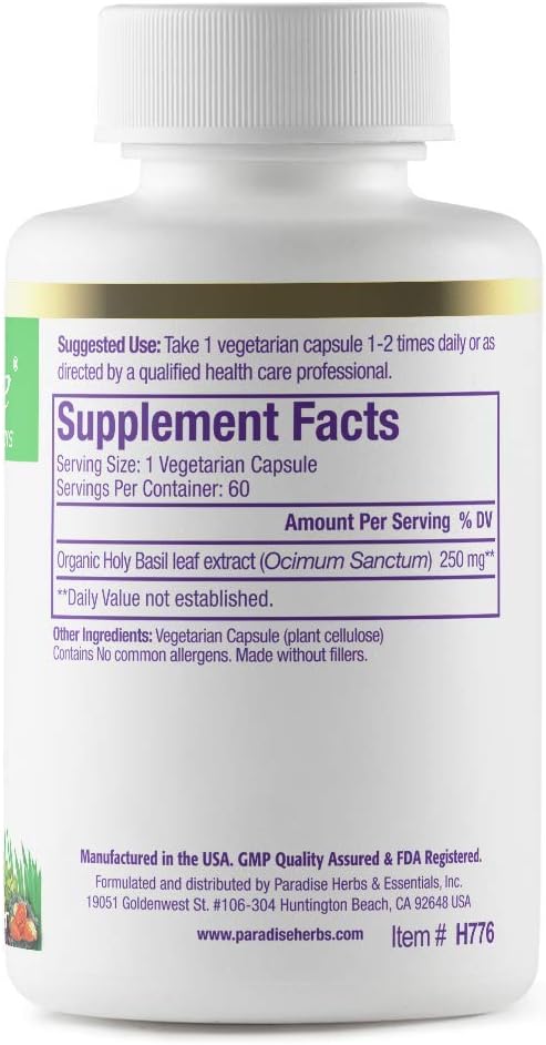 Paradise Herbs Organic Holy Basil Supplement, Active Whole Spectrum Extract - 60 Vegetarian Capsules - görsel 2