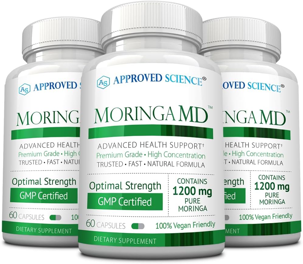 Approved Science MoringaMD - Moringa Oleifera Supplement - 1200 mg Per Serving, 4:1 Moringa Leaf Extract - Vegan Capsules - Non-GM - 60 Capsules per Bottle - Pack of 3 - görsel 1