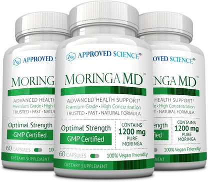 Approved Science MoringaMD - Moringa Oleifera Supplement - 1200 mg Per Serving, 4:1 Moringa Leaf Extract - Vegan Capsules - Non-GM - 60 Capsules per Bottle - Pack of 3