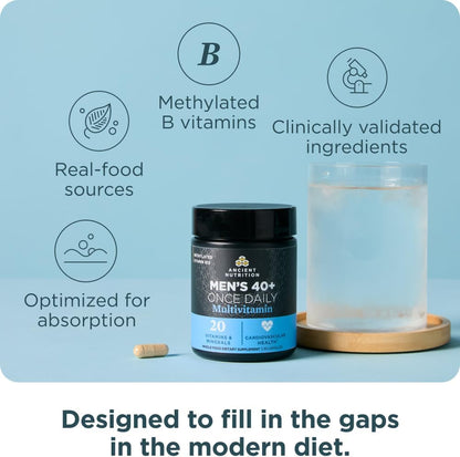 Ancient Nutrition Multivitamin for Men, Men's 40+ Once Daily Supplement, Magnesium, Vitamin A, Methylated B and K2, Supports Immune System, 30 Capsules