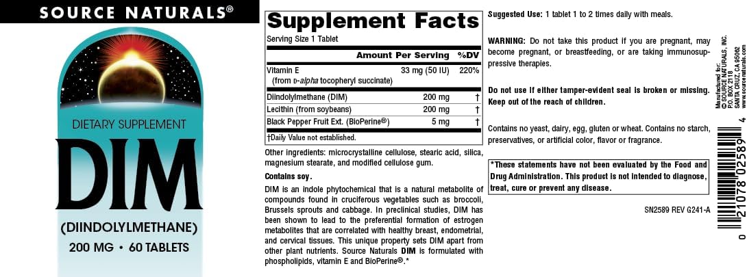 Source Naturals DIM, Diindolylmethane 200mg with BioPerine and Vitamin E - 60 Tablets - görsel 4