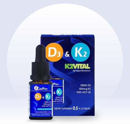 CanPrev D3 & K2 Drops - 250 IU vitamin D3 & 30 mcg MK-7 vitamin K2 per drop, MCT oil base, 15 ml