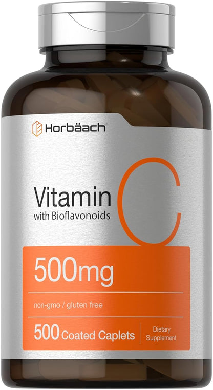 Horbäach Vitamin C 500mg | 500 Caplets | with Bioflavonoids and Rose Hips | Supplement for Women and Men | Vegetarian, Non-GMO, and Gluten-Free