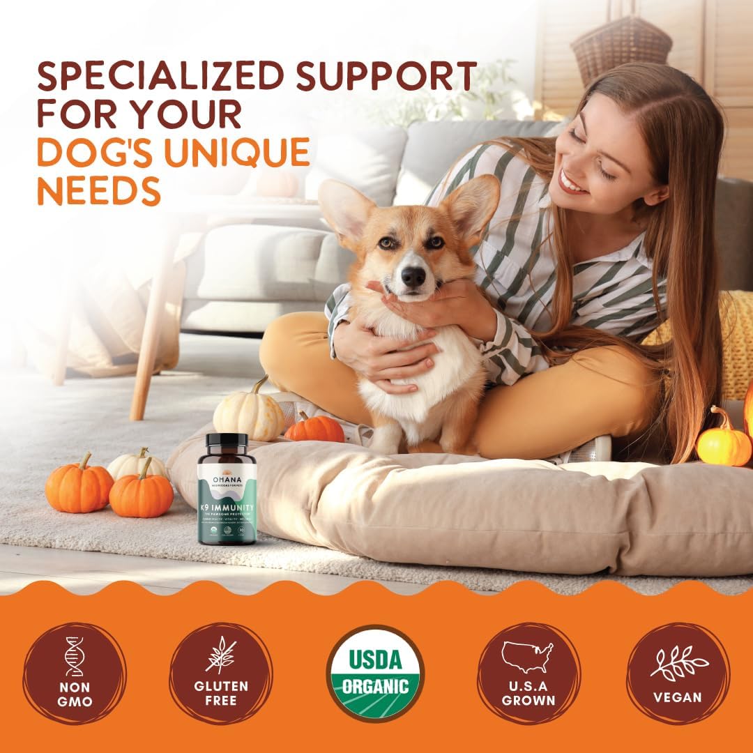 Ohana K9 Immunity, Dog Supplements, Contains 6 USDA Organic Mushroom Extracts for Dog Care, Non-GMO, Gluten-free, 90-Capsule Bottle, Pack of 1 - görsel 6