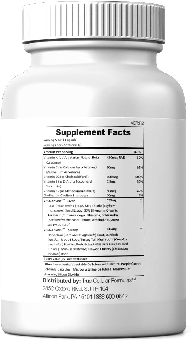 True Cellular Formulae VITDRestore+ - Vitamin D3 + K2 with Liver and Kidney Support, Vegan, Non-GMO - görsel 2