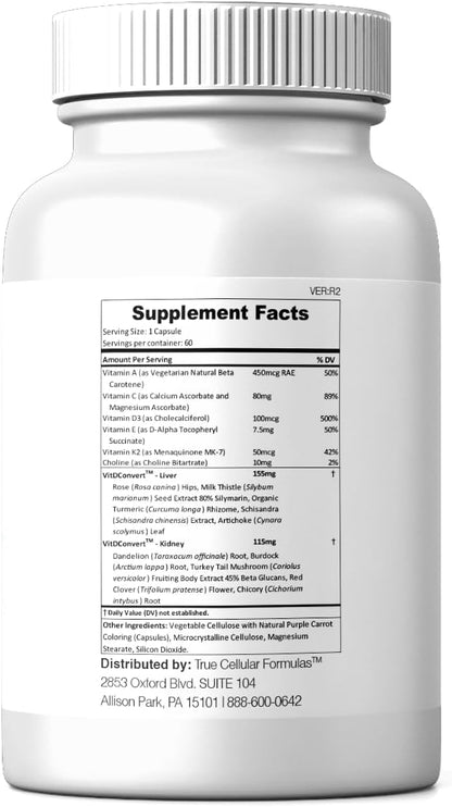 True Cellular Formulae VITDRestore+ - Vitamin D3 + K2 with Liver and Kidney Support, Vegan, Non-GMO