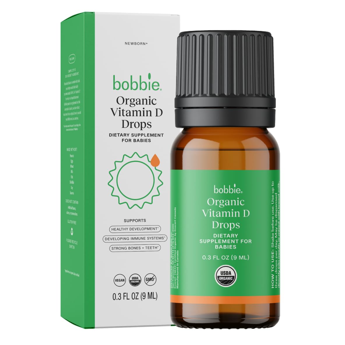 Bobbie Organic Baby Vitamin D Drops, Daily Liquid Supplement to Support Development, Immune Health and Strong Teeth and Bones* in Newborn Babies and Infants, Vegan, Infant Vitamin D, 400 IU, 0.3 fl oz - görsel 1