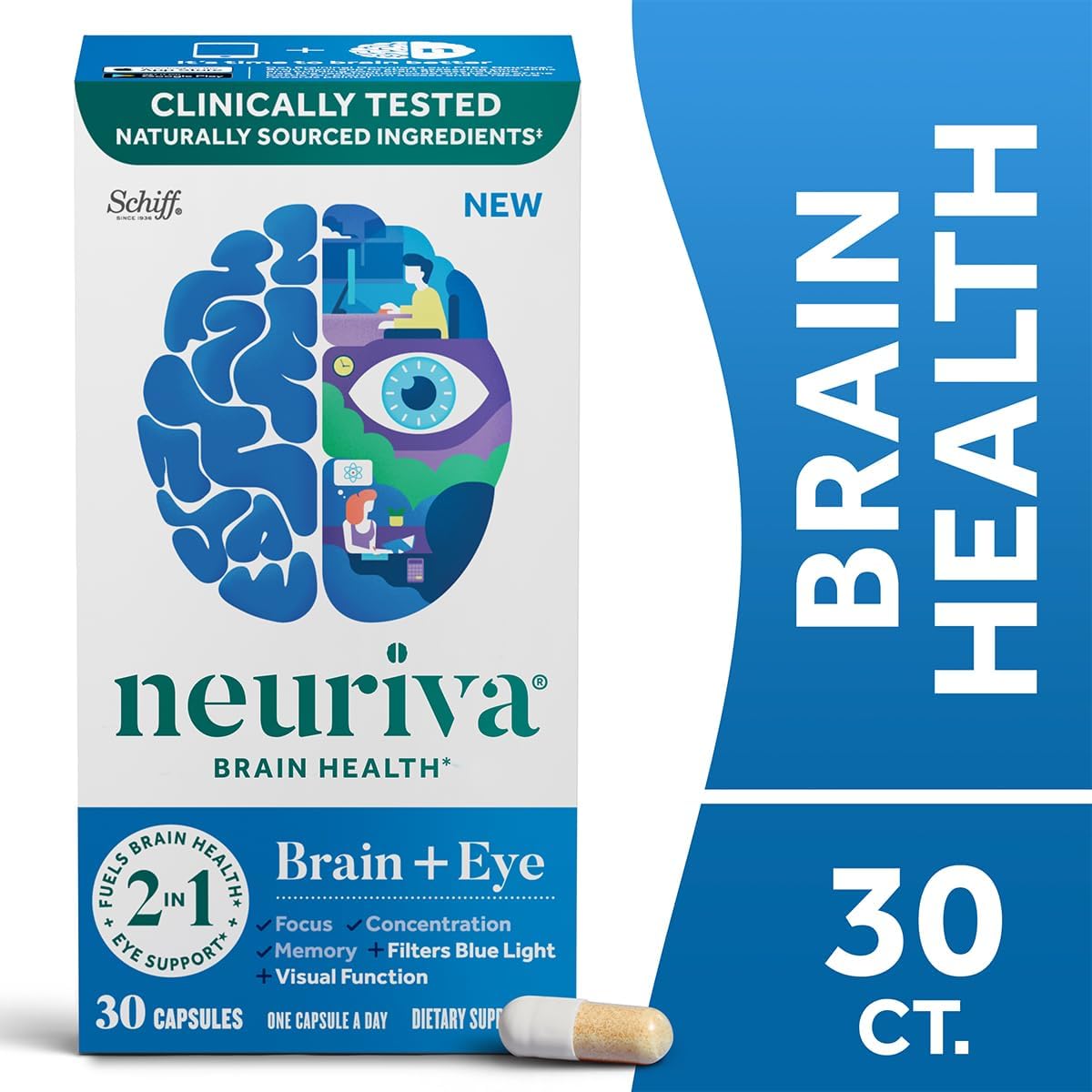 NEURIVA Brain + Eye Supplement for Memory, Focus & Concentration with Lutein & Vitamins A, C, E and Zinc for Eye Health & Zeaxanthin to Filter Blue Light, 30ct Capsules (2 Pack) - görsel 1