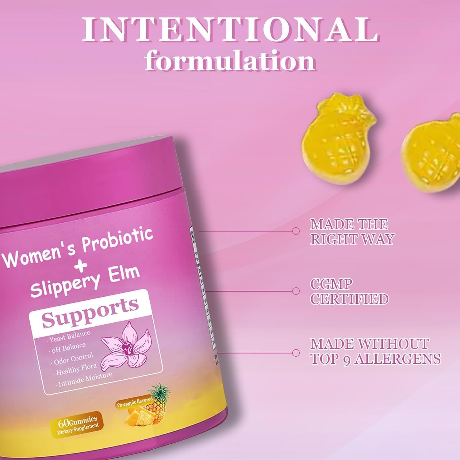 DYALE Her Juicy Feminine Probiotics Gummies for Women | Pineapple Flavour | Supports pH Balance, Gut Health & Immune System | with Slippery Elm, Prebiotics & Lactobacillus Blend | 60 Gummies - görsel 2