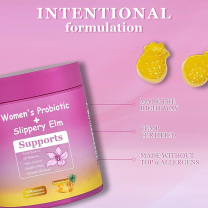 DYALE Her Juicy Feminine Probiotics Gummies for Women | Pineapple Flavour | Supports pH Balance, Gut Health & Immune System | with Slippery Elm, Prebiotics & Lactobacillus Blend | 60 Gummies