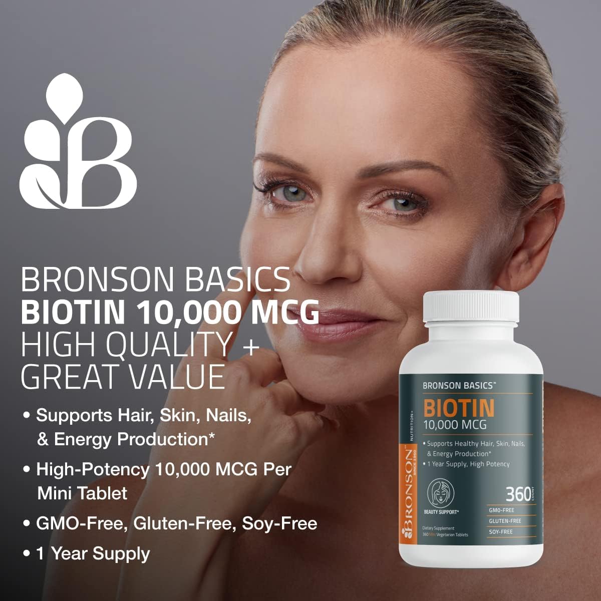 Bronson Biotin 10,000mcg – Supports Healthy Hair, Skin and Nails, Vegetarian, Non-GMO, 150 Tablets - görsel 3