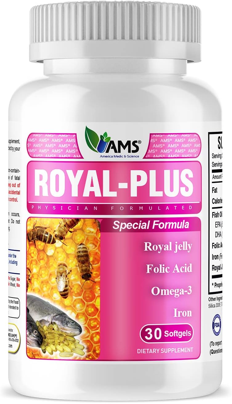 America Medic & Science Royal-Plus Prenatal Vitamins with Royal Jelly, Fish Oil, Iron & Folic Acid – 30 Softgels - görsel 1