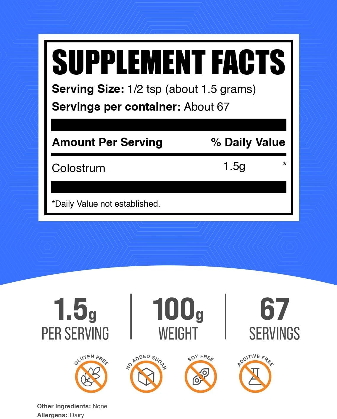 BulkSupplements.com Colostrum Powder - Bovine Colostrum Supplement for Immune Support - Gluten-Free, 1.5g per Serving, 100g - görsel 2