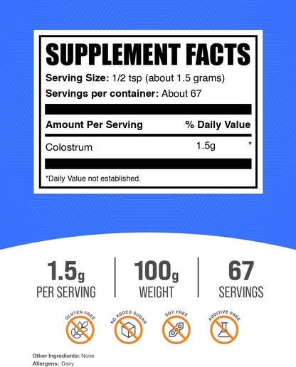 BulkSupplements.com Colostrum Powder - Bovine Colostrum Supplement for Immune Support - Gluten-Free, 1.5g per Serving, 100g