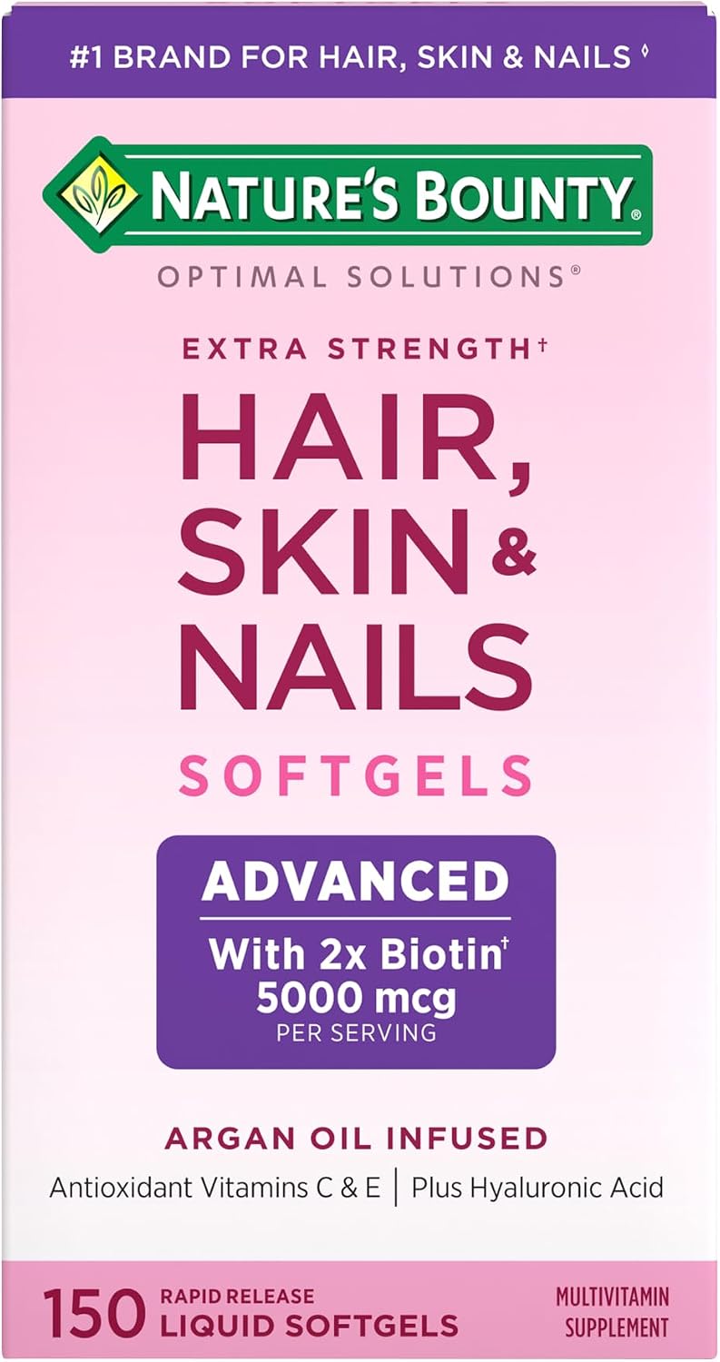 Nature's Bounty Advanced Hair, Skin & Nails, Argan-Infused Biotin and Hyaluronic Acid Supplement, 150 Rapid Release Softgels - görsel 1