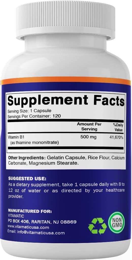 Vitamatic Vitamin B1 (Thiamine Mononitrate) 500 mg, 120 Capsules – Contributes to Nervous System and Energy Metabolism – Image 8