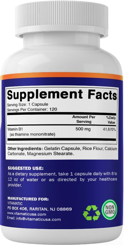 Vitamatic Vitamin B1 (Thiamine Mononitrate) 500 mg, 120 Capsules – Contributes to Nervous System and Energy Metabolism – Image 8