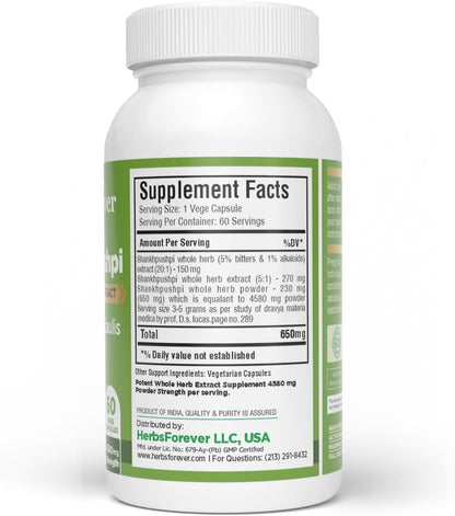 Herbsforever Shankhpushpi (Convolvulus pluricaulis) Extra Strength Extract - Traditional Brain Tonic & Mental Focus - 60 Vegan Capsules
