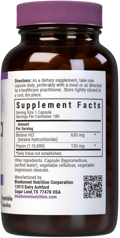 BlueBonnet Betaine HCl Plus Pepsin Vegetarian Capsules – 180 Capsules