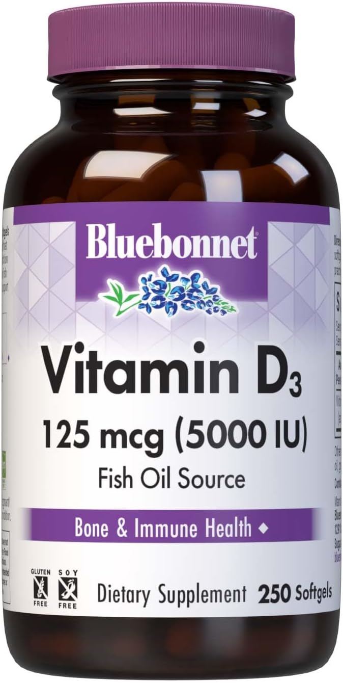 Bluebonnet Nutrition Vitamin D3 5000 IU Softgels – Non-GMO, Gluten-Free, Soya-Free, 250 Softgels - görsel 1