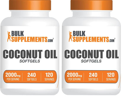 BulkSupplements.com Coconut Oil Softgels - Cold Pressed Coconut Oil for Hair and Skin Support, Herbal Supplement - Gluten-Free, 2 Softgels per Serving (2000mg), 240 Count (Pack of 1)