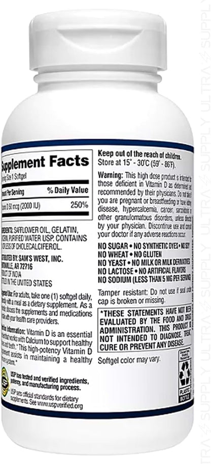 Members Mark Vitamin D3 2000 IU (50 mcg), 400 Soft gel capsules – Immune and Bone Health Support, Non-GMO, Gluten-free