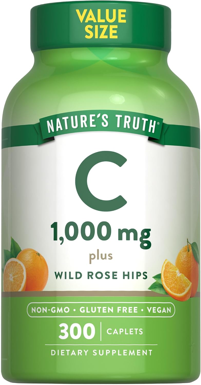 Nature's Truth Vitamin C 1000mg with Rose Hips Tablets (300 Count) - Vegan, non-GMO & Gluten-Free Supplement - görsel 1