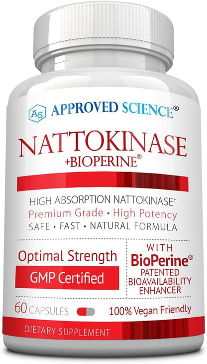 Approved Science Nattokinase - 4,000 FU - 200 mg - Free from Vitamin K2 - Contains BioPerine - One Month Supply - Vegan, Non-GMO - 360 Capsules