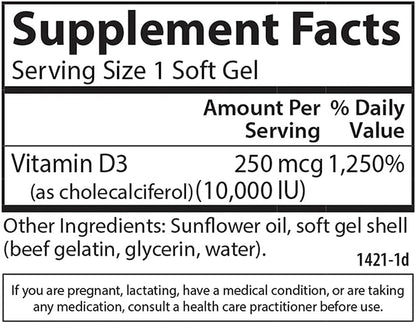 Carlson Vitamin D3 10000 IU (250 mcg) – Bone, Immune & Muscle Support, 120 Softgels
