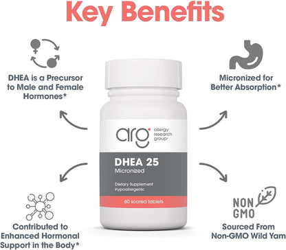 Allergy Research Group ARG DHEA 25 Micronised Lipid Matrix – 25 mg DHEA, Plant-Sourced, Hypoallergenic – 60 Tablets