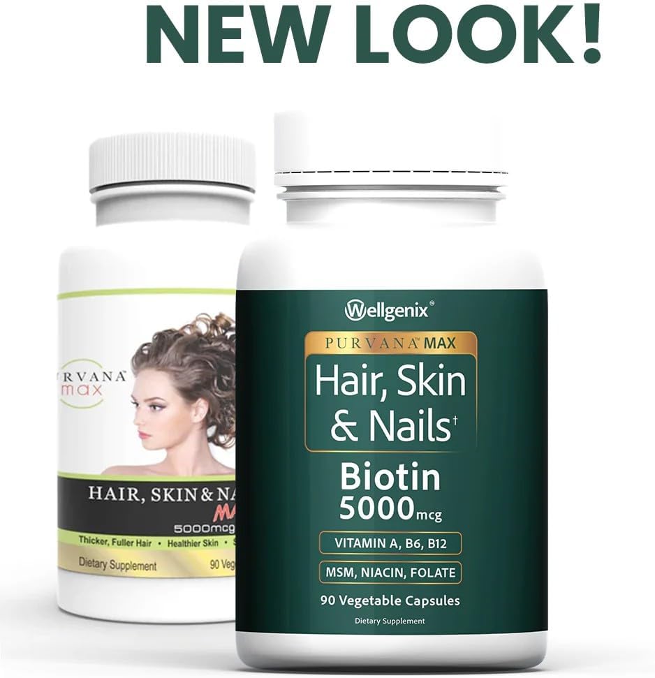 Wellgenix Purvana MAX Hair, Skin and Nails Supplement – 5000mcg Biotin with MSM & B-Complex – 90 Veggie Capsules - görsel 2