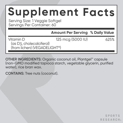 Sports Research Vegan Vitamin D3 5000 IU (125 mcg) with Coconut Oil – 100% Plant-Based Vitamin D for Bone, Muscle & Immune Health – 60 Softgels
