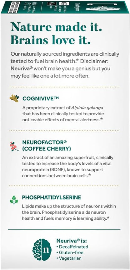 NEURIVA Ultra Decaf Brain Supplement – Clinically Tested Nootropic for Memory, Focus and Concentration – 60 Capsules (2-Pack)