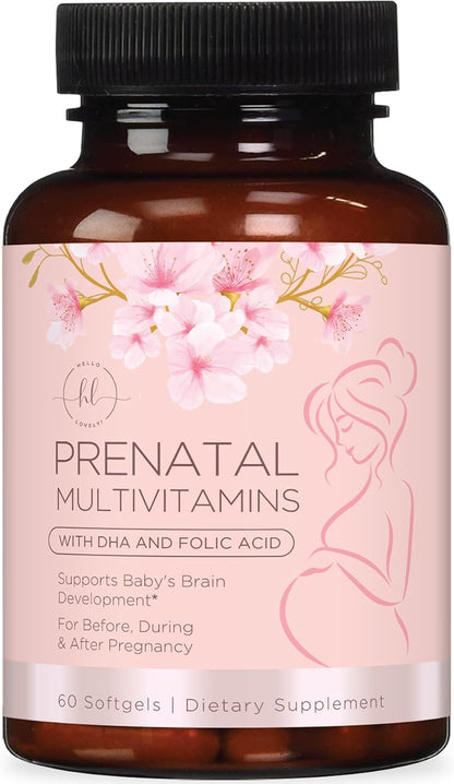 Hello Lovely! Prenatal Vitamins with Folic Acid, DHA and Iron – Daily Pregnancy Multivitamin (60 Softgels)