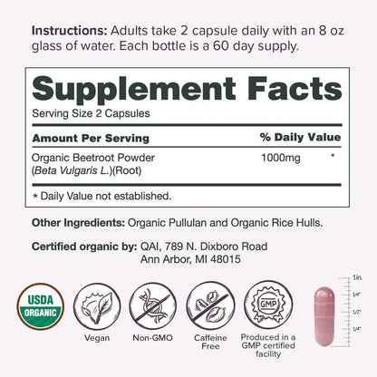 Sur Organic Beetroot Capsules 1000mg - Support Normal Circulation and Vitality - Nitric Oxide Superfood (120 Capsules)