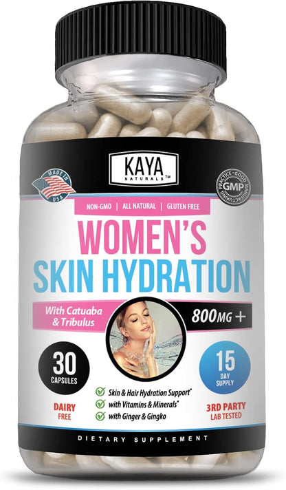 Kaya Naturals Skin Hydration Vitamins for Women - Hydration Booster, Anti-Ageing, Energy & Mood Support, 30 Veggie Capsules