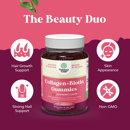 Hair, Skin & Nails Gummies for Women - Extra Strength Biotin & Collagen - Non-GMO Kosher Marine Collagen 10000mcg per serving - 90 Count