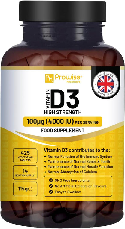 Vitamin D3 4000 IU High Strength - 425 Vegetarian Tablets (14-Month Supply) - Immune & Bone Support