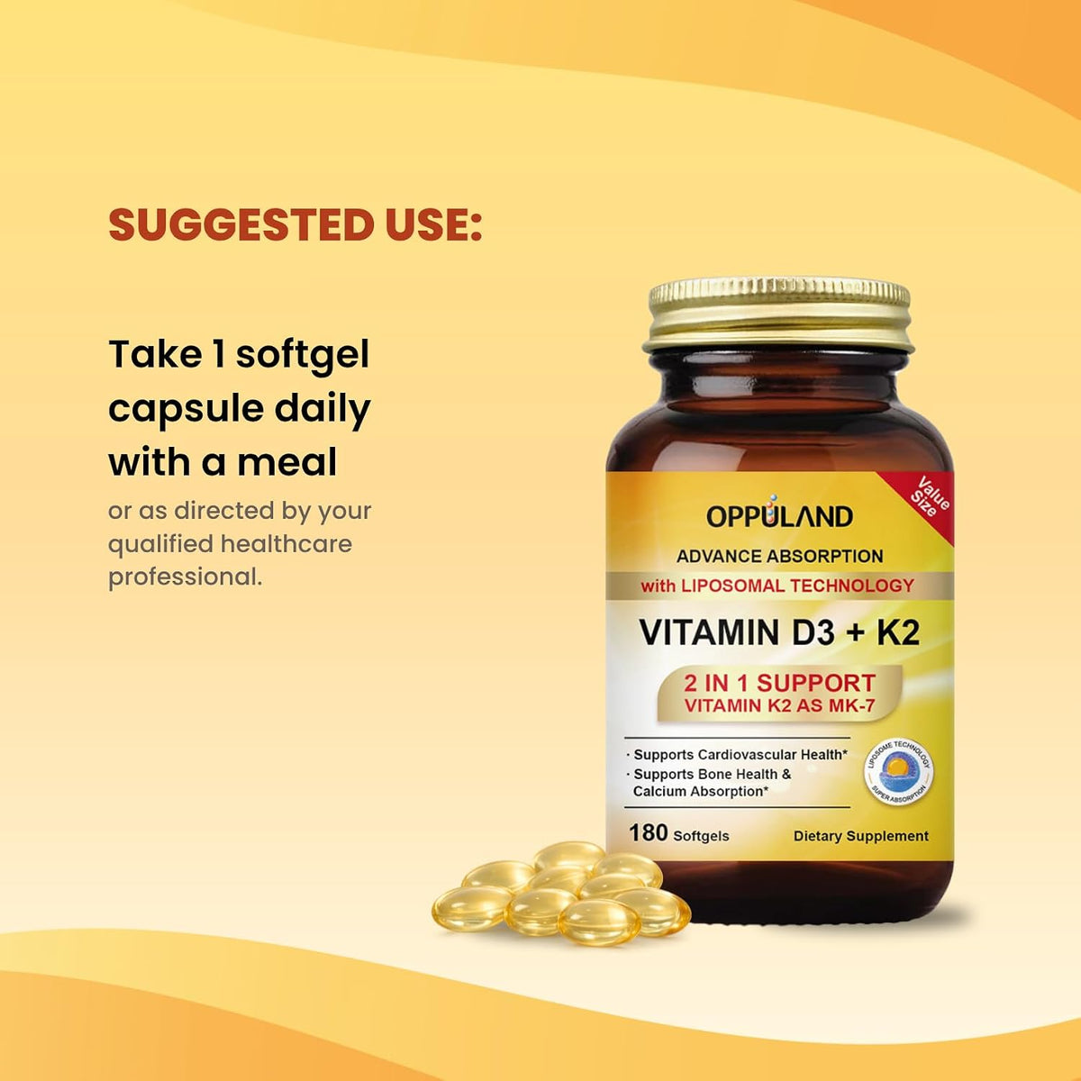 oppuland Vitamin D3 + K2 5000 IU - Liposomal Enhanced Absorption - MK-7 100mcg - 180 Softgels - görsel 8
