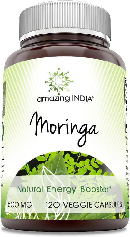 Amazing India Moringa 500 mg 120 Vegetable Capsules Supplement | Non-GMO | Gluten-free