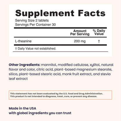 EZ Melts L-Theanine 200 mg – Calm & Relaxation Support – Natural Cherry Flavour – 60 Dissolvable Tablets