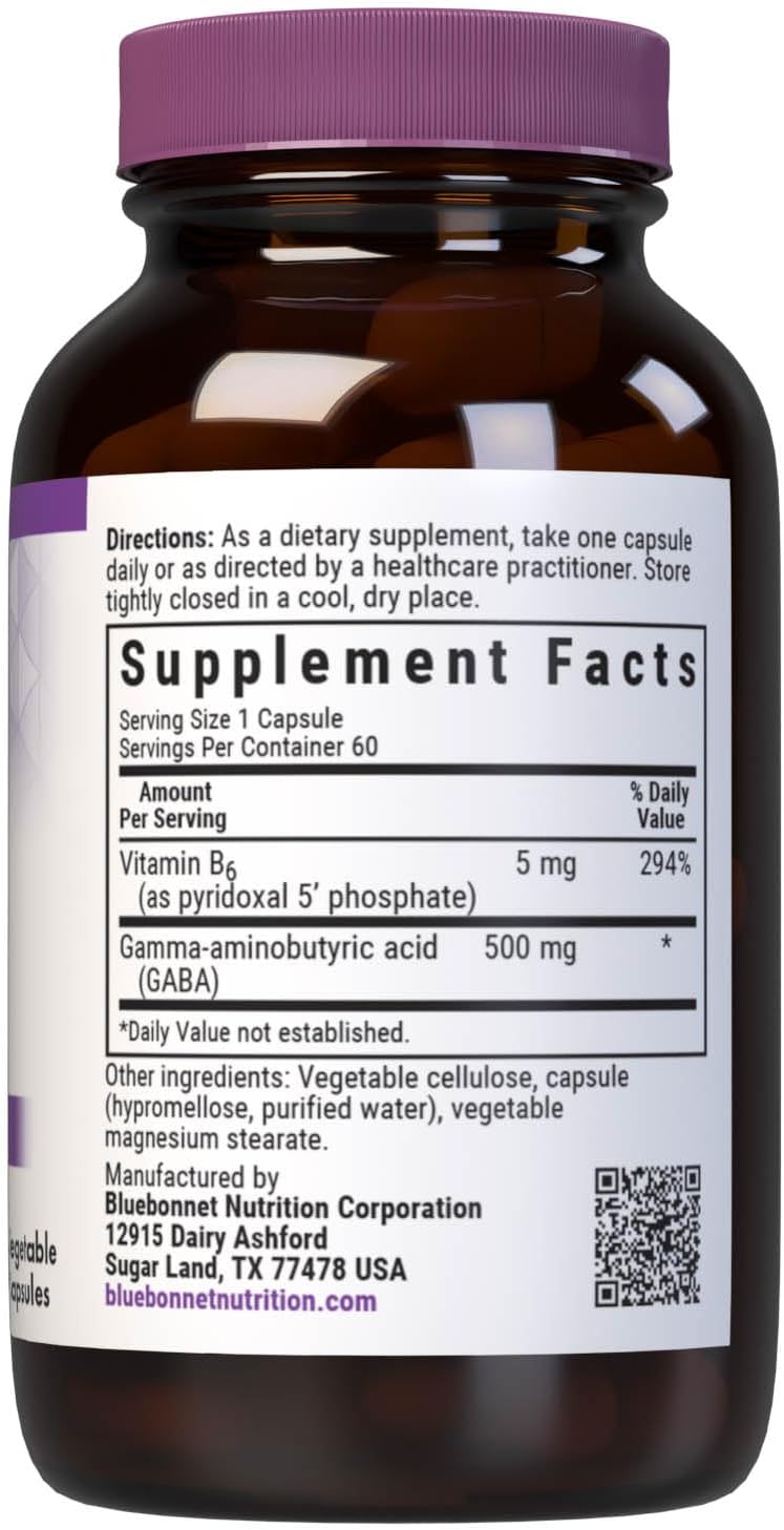 BlueBonnet Nutrition GABA 500 mg with Vitamin B6 (P5P) - 60 Vegetable Capsules - görsel 2