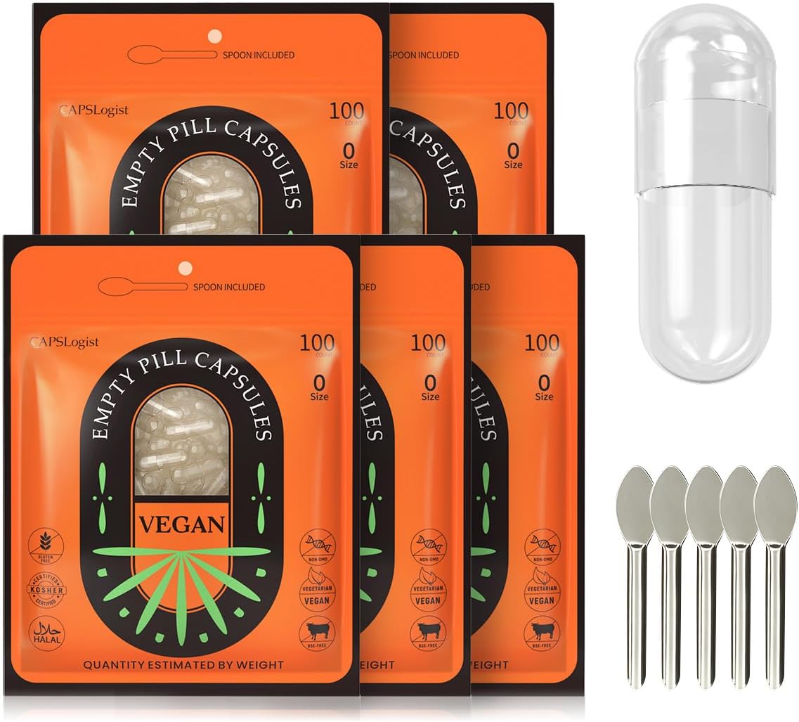 CAPSLogist Empty Vegan Capsules Size 0 (500 Count) with Micro Lab Spoons – DIY Capsule Filling Kit - görsel 1