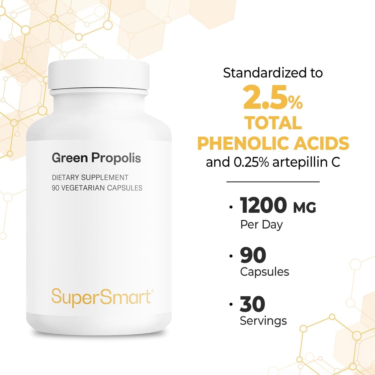 Supersmart - Green Propolis Supplement 1200mg per Day (Patented) - Natural Green Propolis Extract Brazil - Non-GM & Gluten-free - 90 Vegetarian Capsules - görsel 5