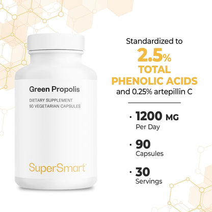 Supersmart - Green Propolis Supplement 1200mg per Day (Patented) - Natural Green Propolis Extract Brazil - Non-GM & Gluten-free - 90 Vegetarian Capsules