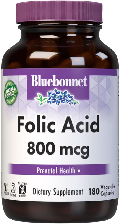 Bluebonnet Nutrition Folic Acid 800mcg, Vegan, Non-GMO, 180 Capsules